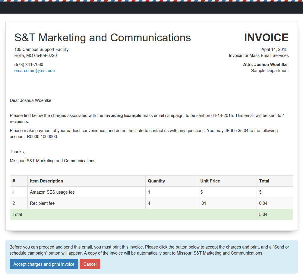 A sample Sendy invoice