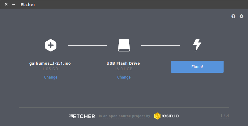 Etcher program flashing GalliumOS .iso file to 16GB flash drive