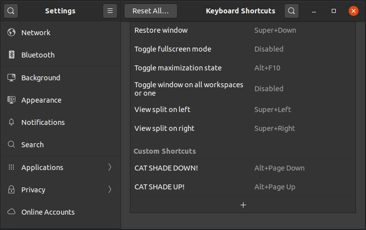 keyboard shortcuts dialog window