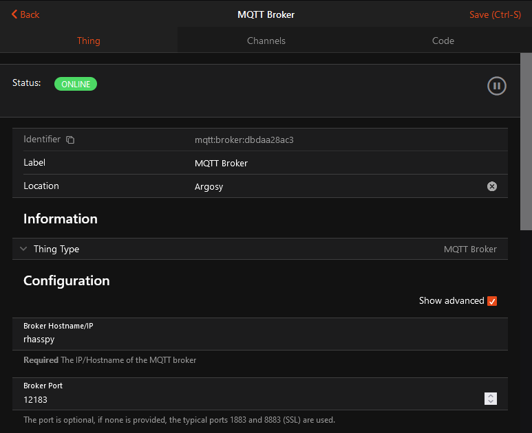 MQTT Broker configuration screen