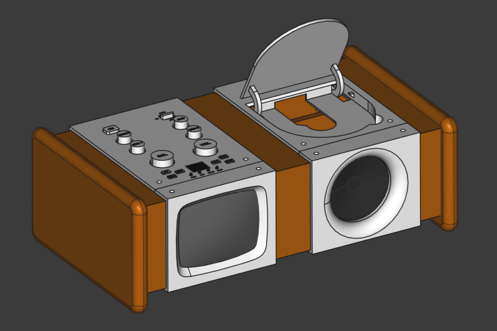 CAD model of a modified karaoke machine featuring two modern white plastic bands of components surrounding a retro wooden box